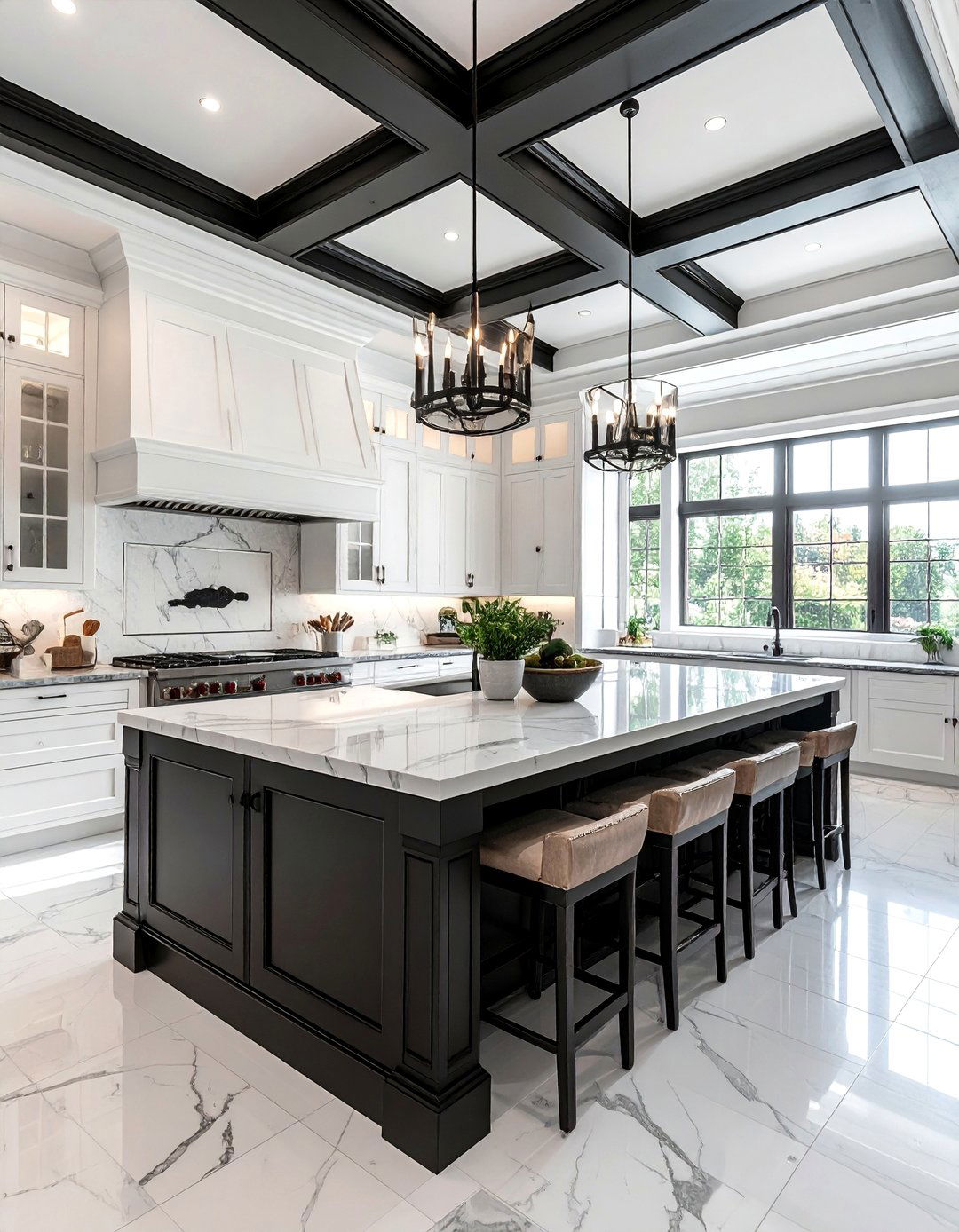 Black and White Kitchen with a Coffered Ceiling - 40 Black and White Kitchen Ideas for a Classic and Chic Space