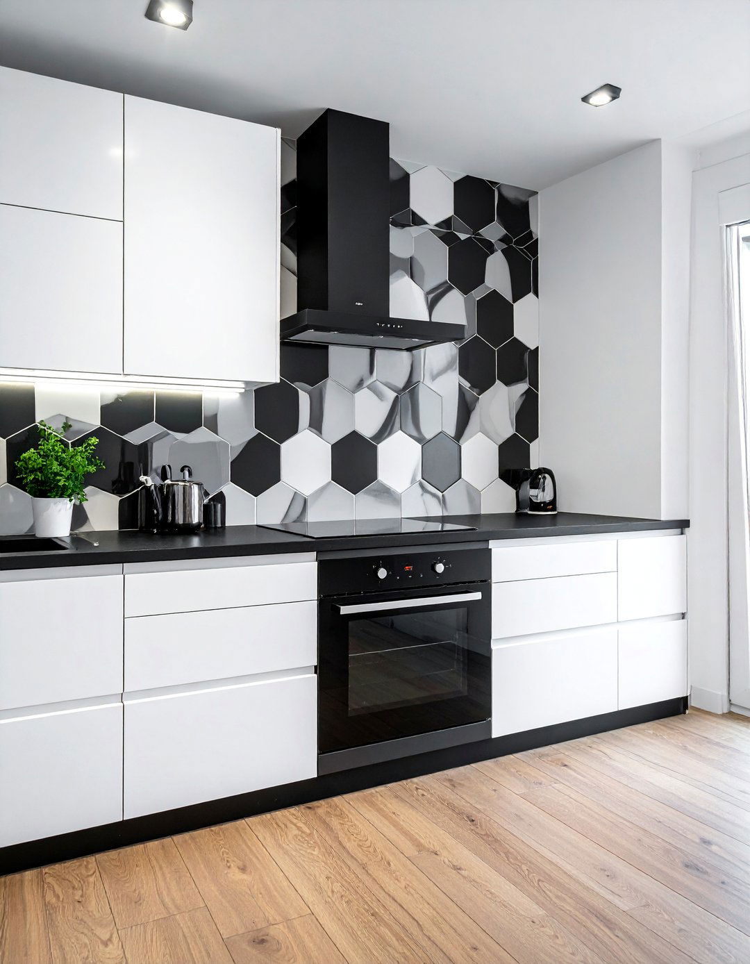 Black and White Kitchen with a Geometric Backsplash - 40 Black and White Kitchen Ideas for a Classic and Chic Space