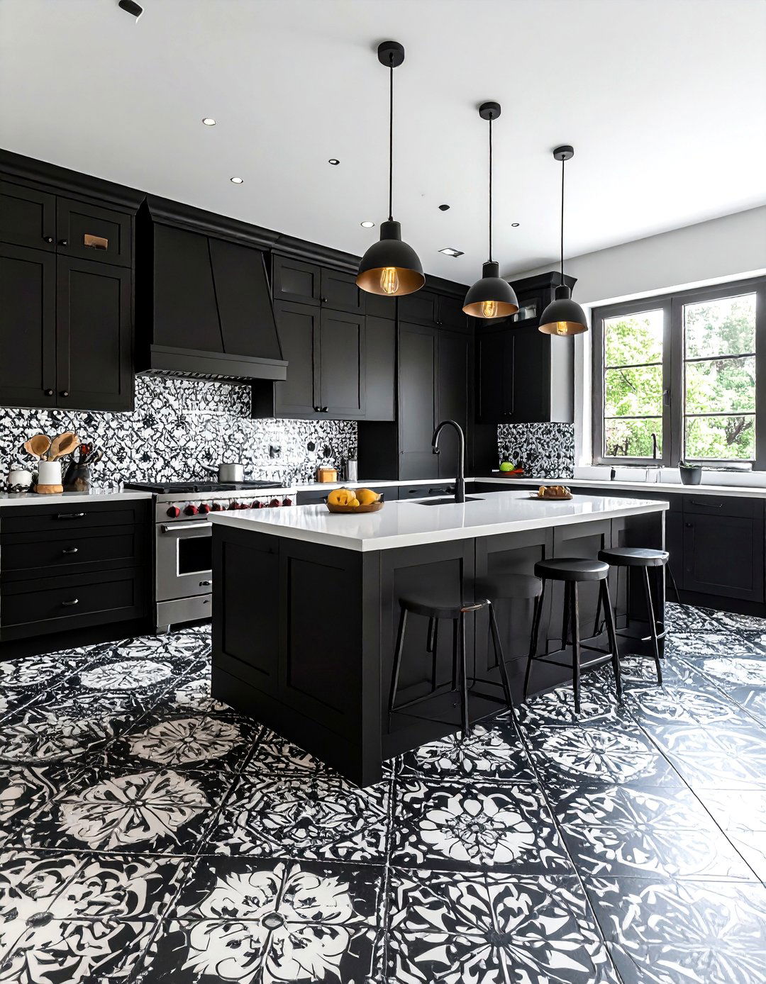 Black and White Kitchen with a Patterned Floor Tile - 40 Black and White Kitchen Ideas for a Classic and Chic Space