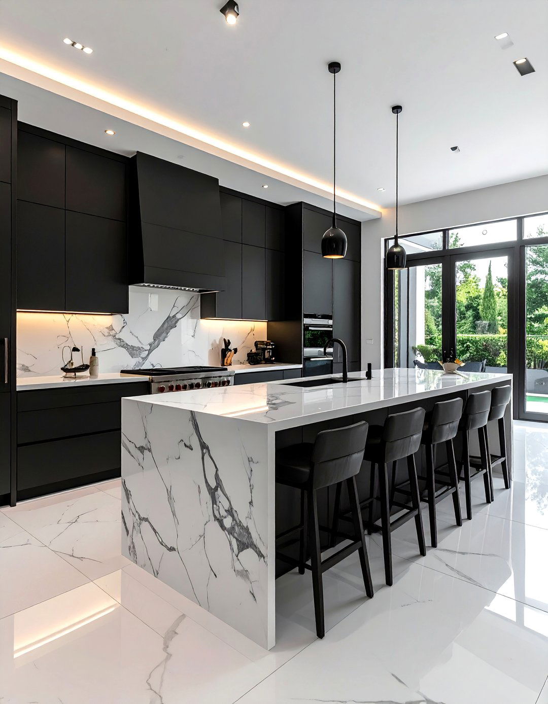 Black and White Kitchen with a Waterfall Island - 40 Black and White Kitchen Ideas for a Classic and Chic Space