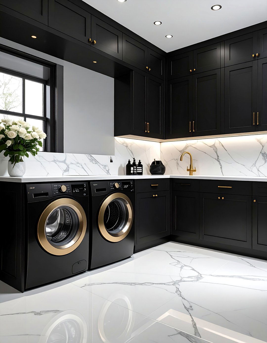 Black and White Laundry Room Featuring Matte Black Cabinets - 15 Black and White Laundry Room Ideas for Elegance
