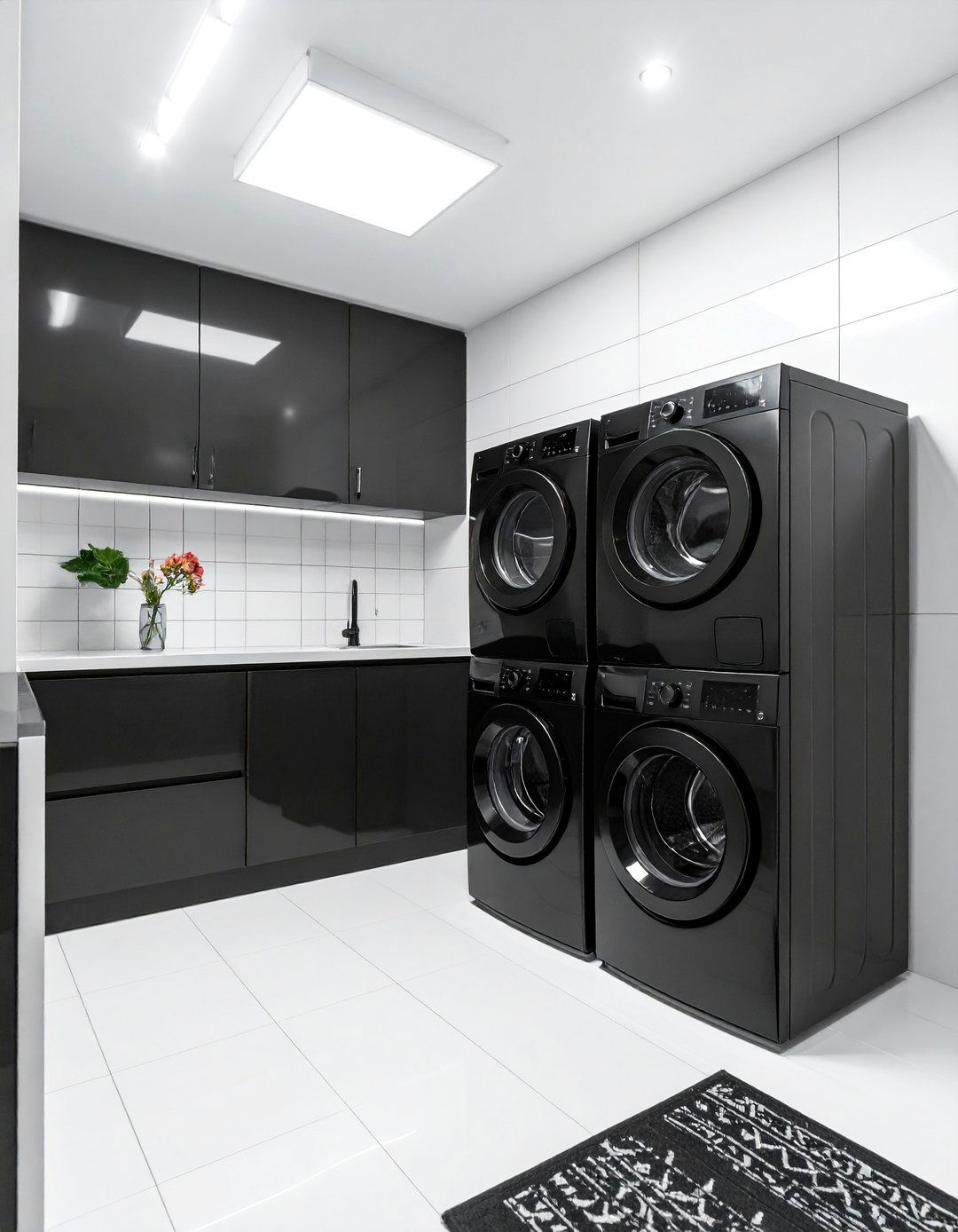 Black and White Laundry Room Featuring Sleek Black Appliances - 15 Black and White Laundry Room Ideas for Elegance