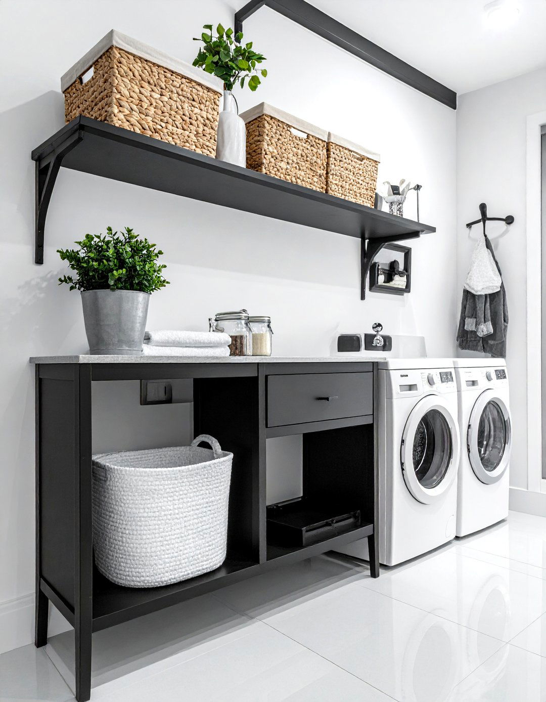 Black and White Laundry Room Using Open Shelving - 15 Black and White Laundry Room Ideas for Elegance