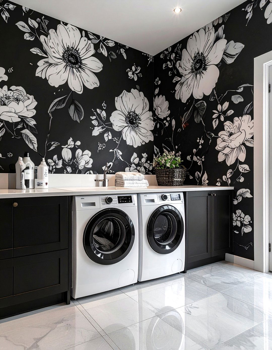 Black and White Laundry Room with Bold Floral Wallpaper - 15 Black and White Laundry Room Ideas for Elegance