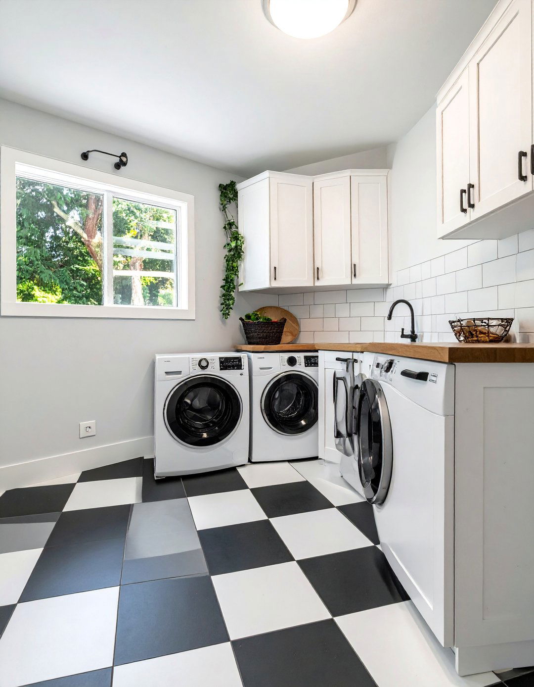 Black and White Laundry Room with Checkerboard Floors - 15 Black and White Laundry Room Ideas for Elegance