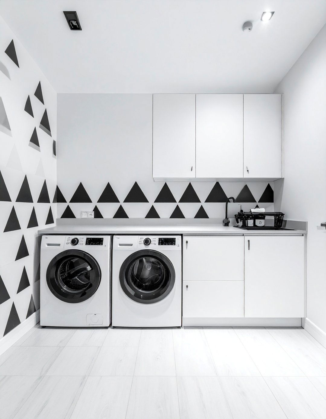 Black and White Laundry Room with Geometric Wall Decals - 15 Black and White Laundry Room Ideas for Elegance
