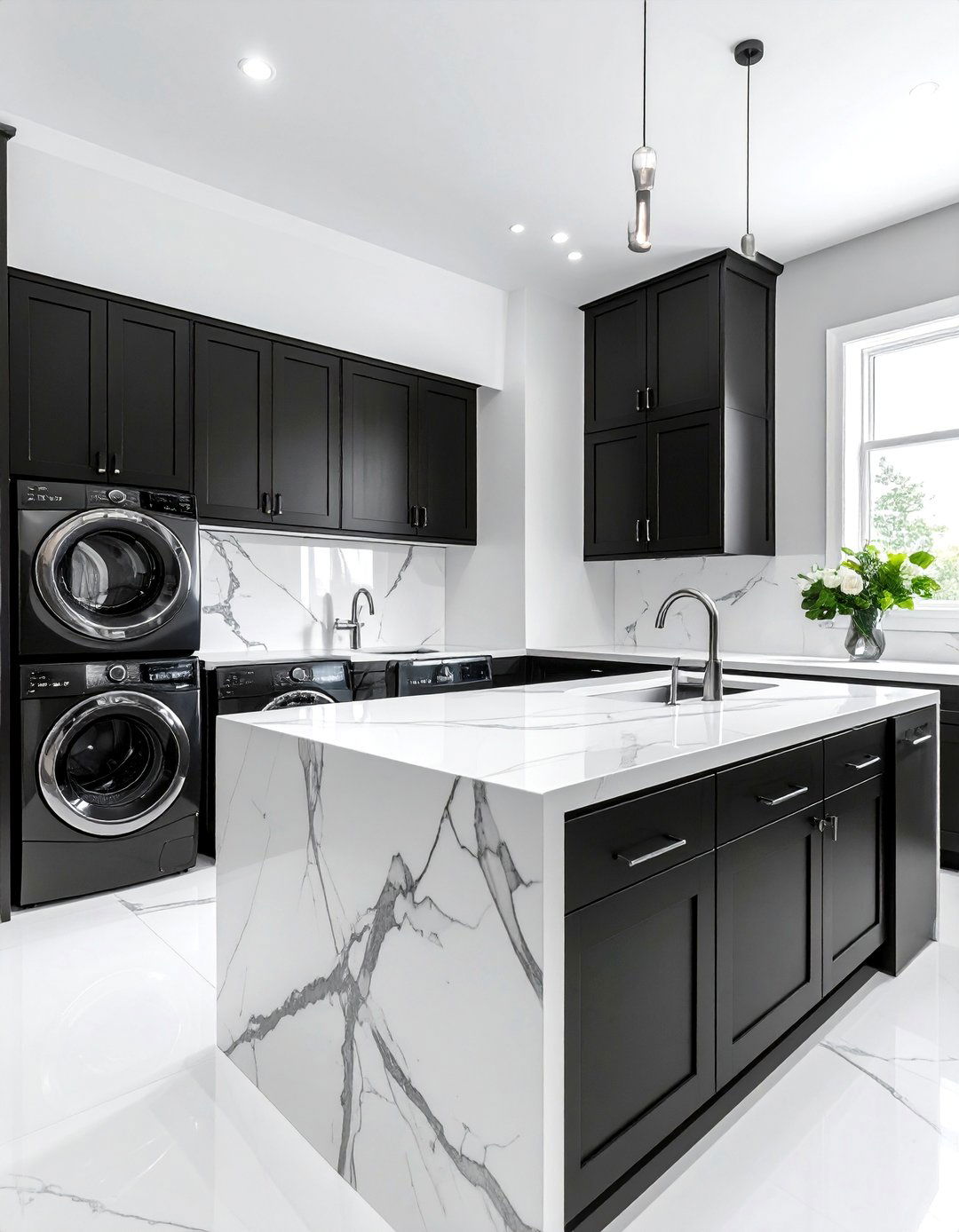 Black and White Laundry Room with Marble Countertops - 15 Black and White Laundry Room Ideas for Elegance