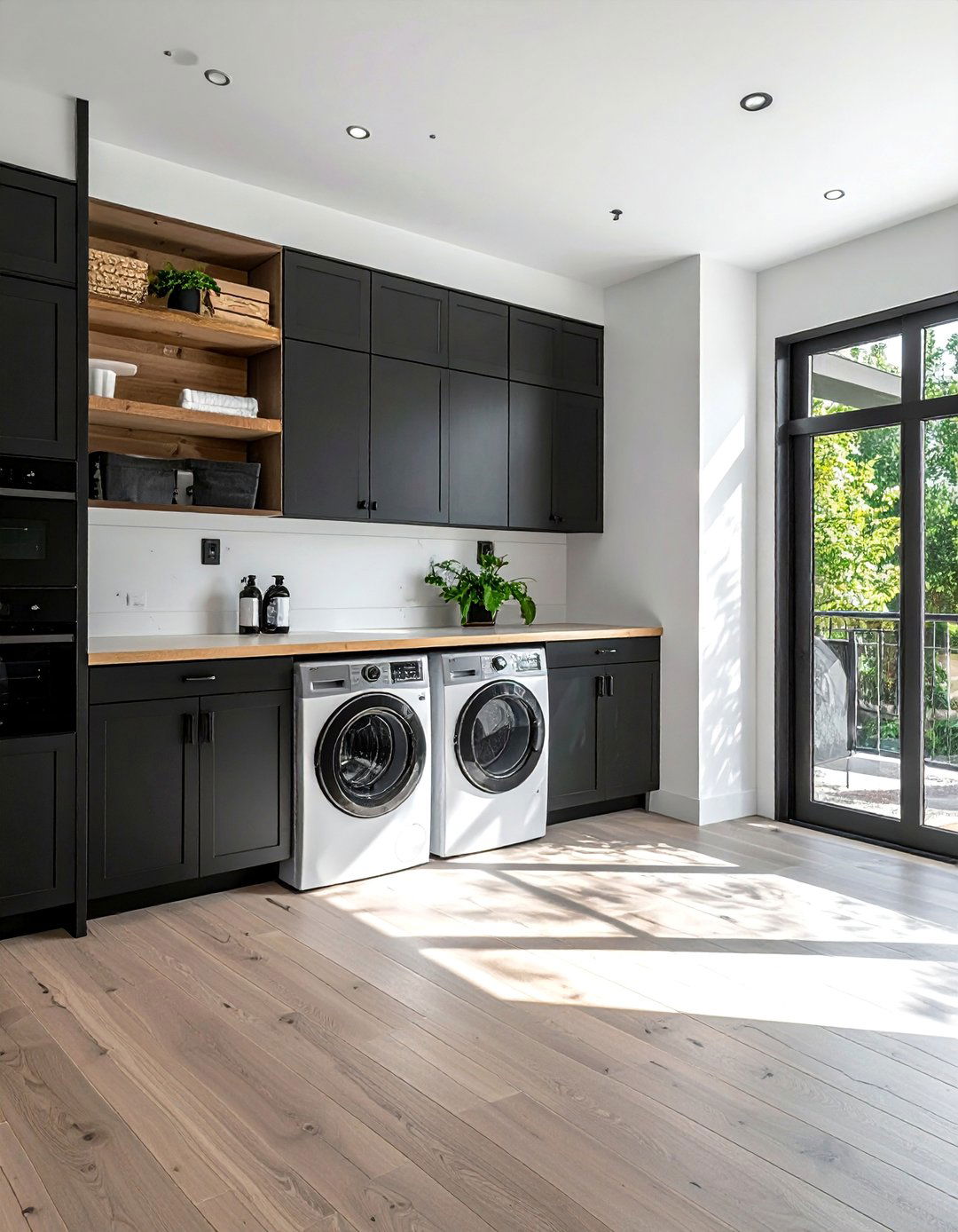 Black and White Laundry Room with Natural Wood Accents - 15 Black and White Laundry Room Ideas for Elegance