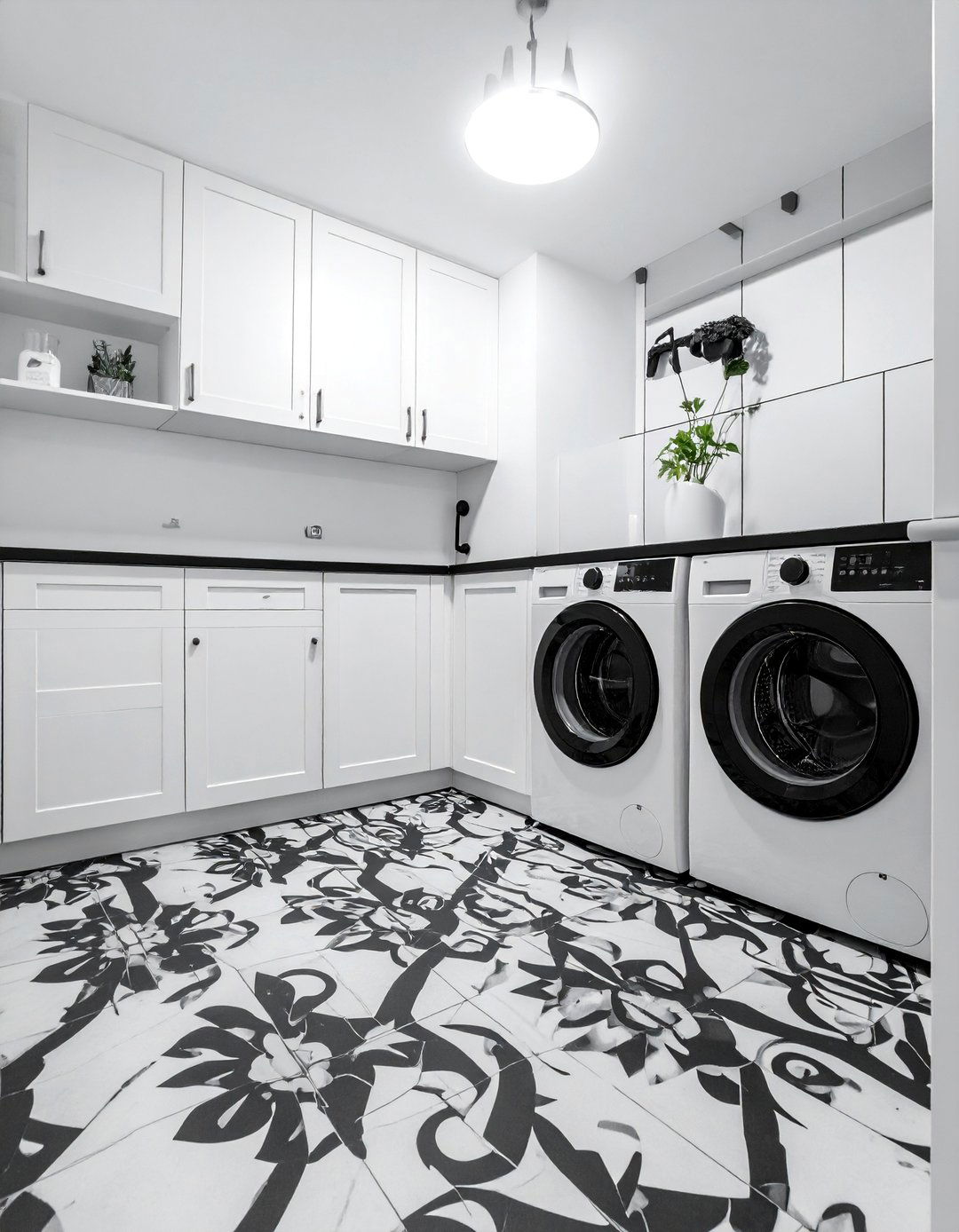 Black and White Laundry Room with Patterned Cement Tile - 15 Black and White Laundry Room Ideas for Elegance