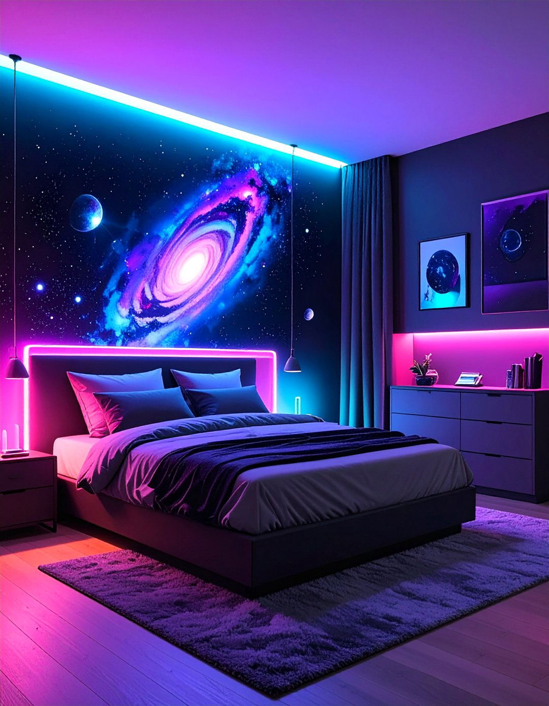 Blacklight Reactive Paint Mural - 20 Galaxy Space-themed Bedroom Ideas for Dreamers