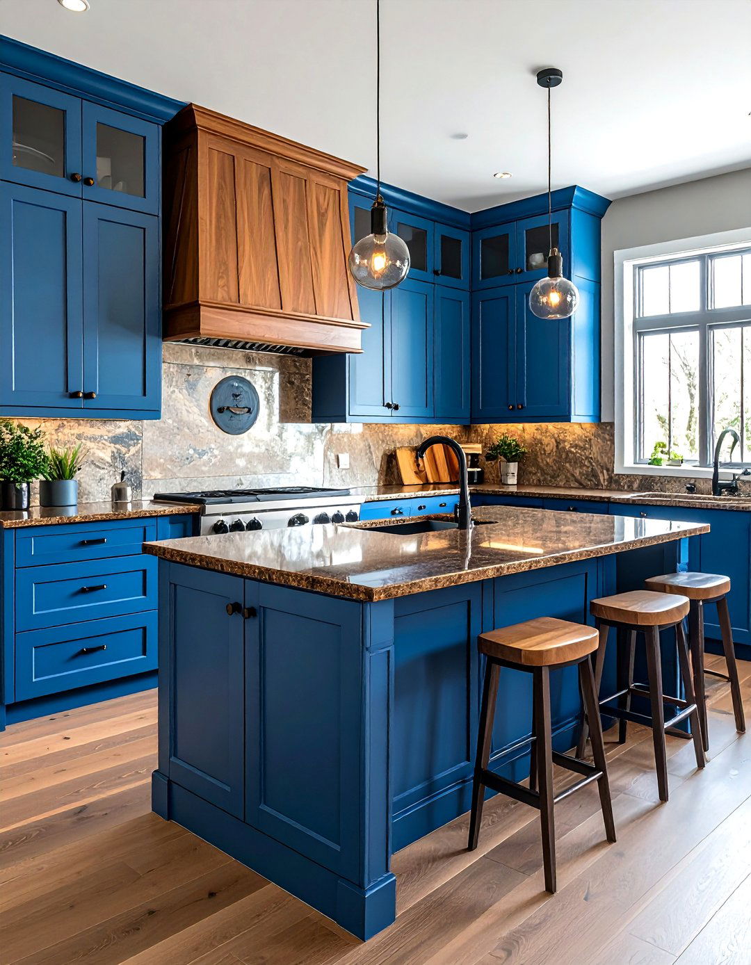 Blue Base Cabinets and Wood Uppers With Brown Granite - 20 Blue Kitchen Cabinets With Brown Granite Countertops Ideas