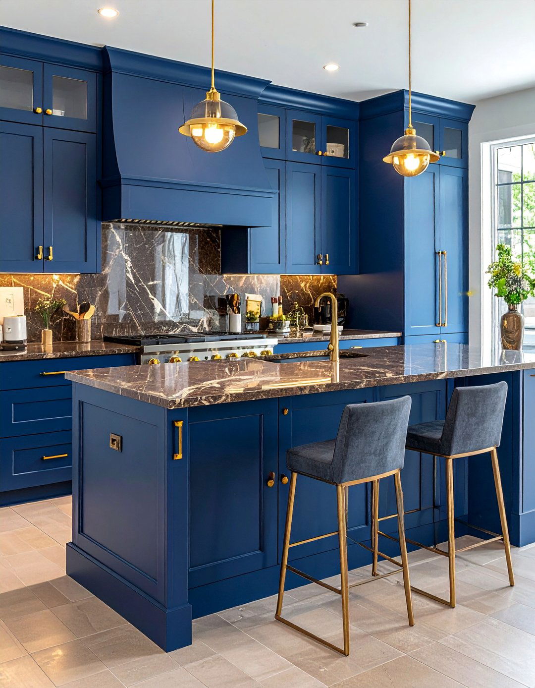 Blue Cabinets With Brown Granite and Gold Hardware - 20 Blue Kitchen Cabinets With Brown Granite Countertops Ideas