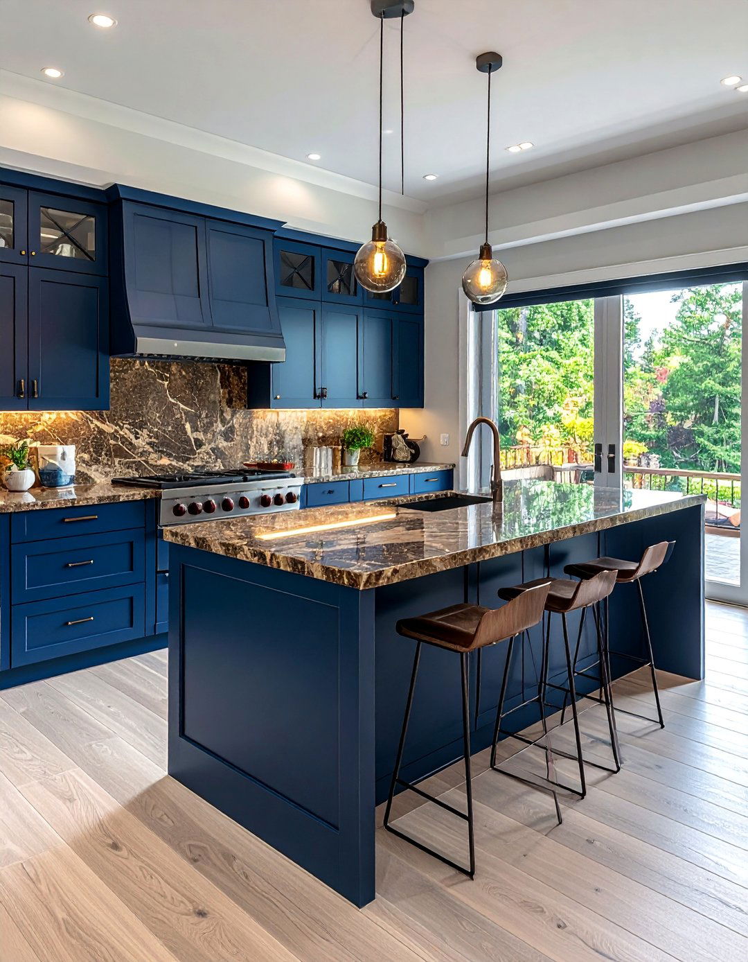 Blue Cabinets With a Brown Granite Waterfall Island - 20 Blue Kitchen Cabinets With Brown Granite Countertops Ideas