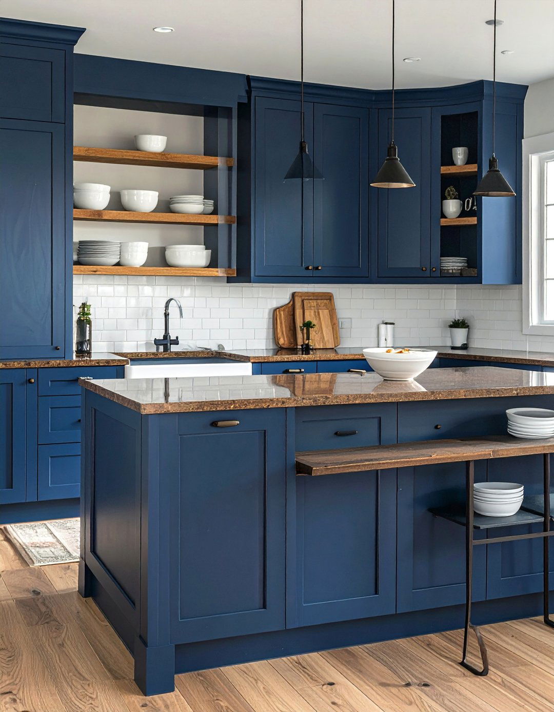 Blue Cabinets and Brown Granite With Open Shelving - 20 Blue Kitchen Cabinets With Brown Granite Countertops Ideas