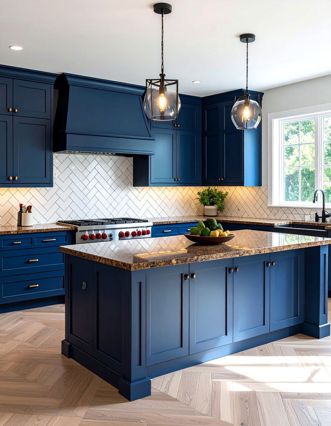 Blue Cabinets and Brown Granite With a White Backsplash - 20 Blue Kitchen Cabinets With Brown Granite Countertops Ideas
