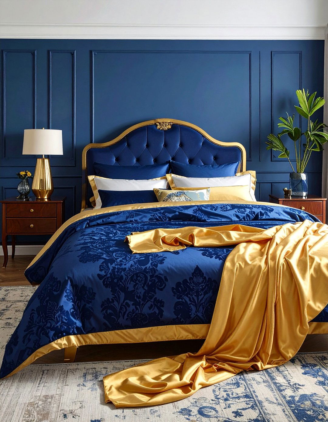 Blue Damask Bedding with Gold Silk Throws - 20 Blue and Gold Bedroom Ideas for a Luxurious Look