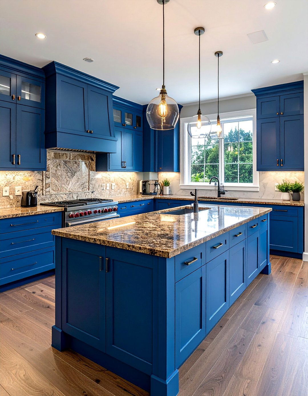 Blue Kitchen Island With Brown Granite Countertop