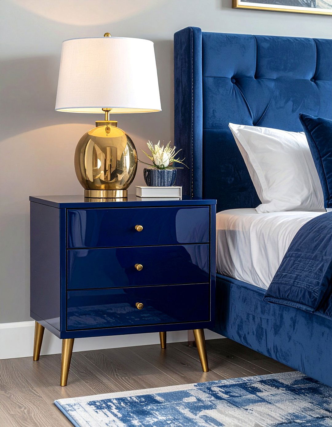 Blue Lacquered Nightstands with Gold Hardware - 20 Blue and Gold Bedroom Ideas for a Luxurious Look