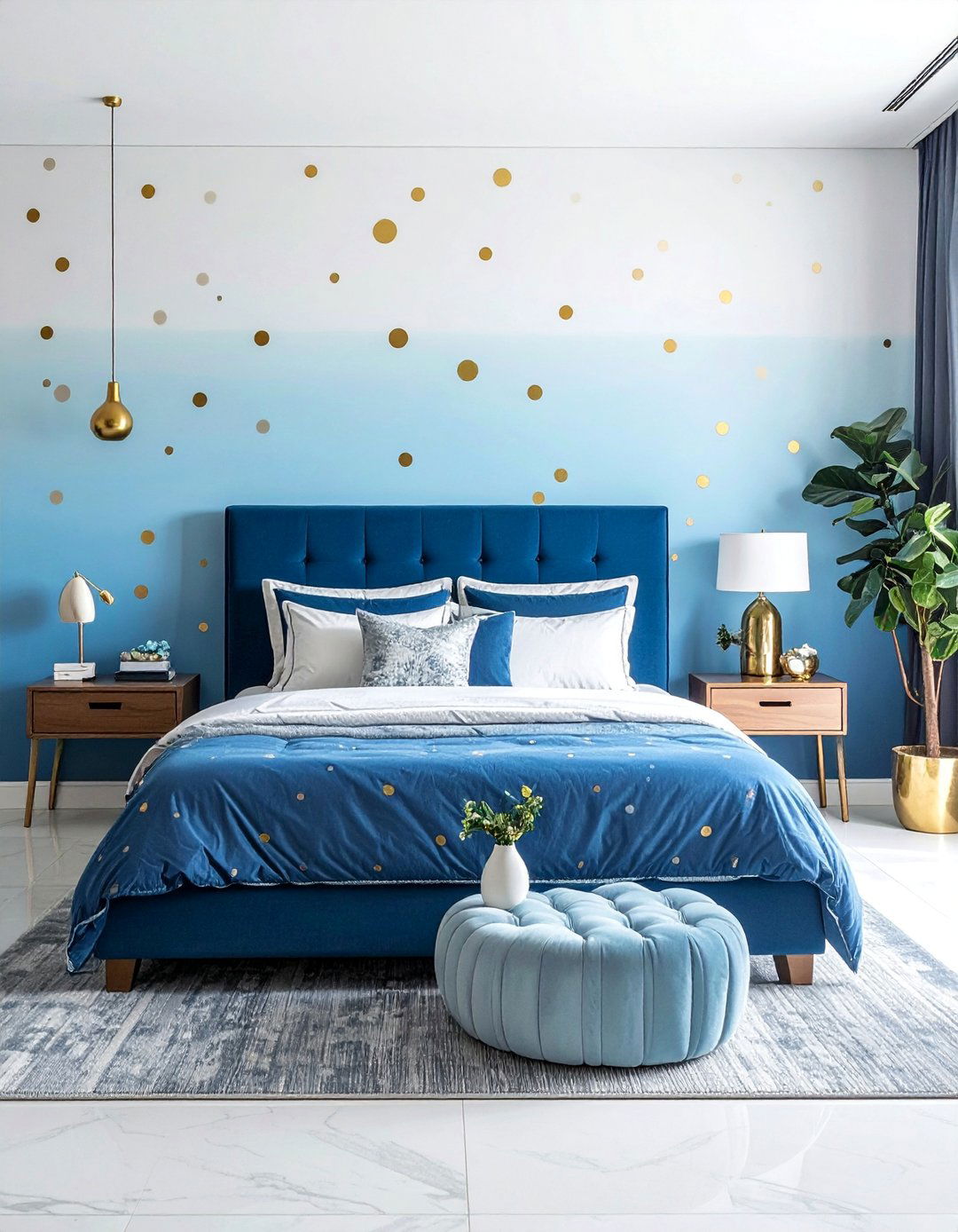 Blue Ombre Walls with Gold Decals - 20 Blue and Gold Bedroom Ideas for a Luxurious Look