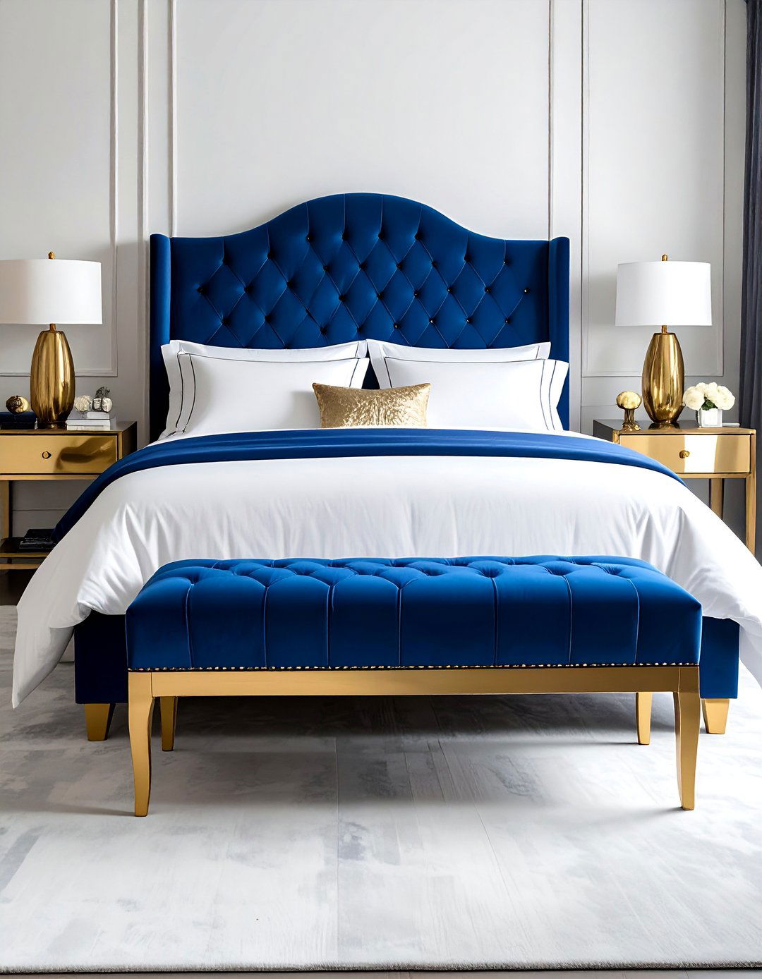 Blue Tufted Bench with a Gold Base - 20 Blue and Gold Bedroom Ideas for a Luxurious Look