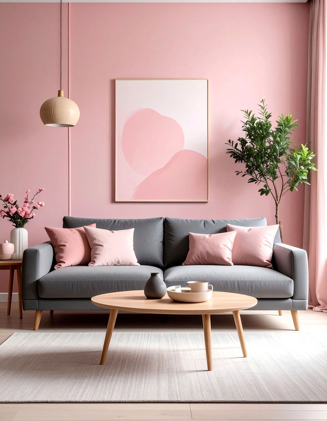 Blush Pink Walls with a Charcoal Grey Sofa - 25 Pink and Grey Living Room Ideas for a Modern Look