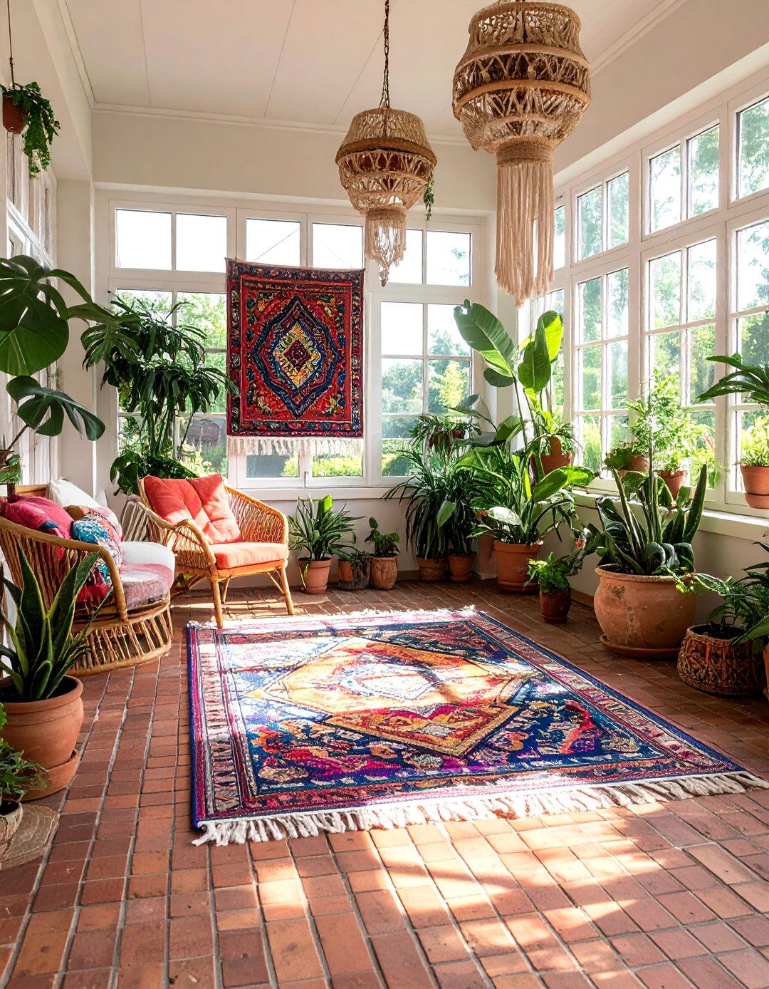 Bohemian Inspired Brick Floor Sunroom - 20 Brick Floor Sunroom Ideas for a Rustic Charm