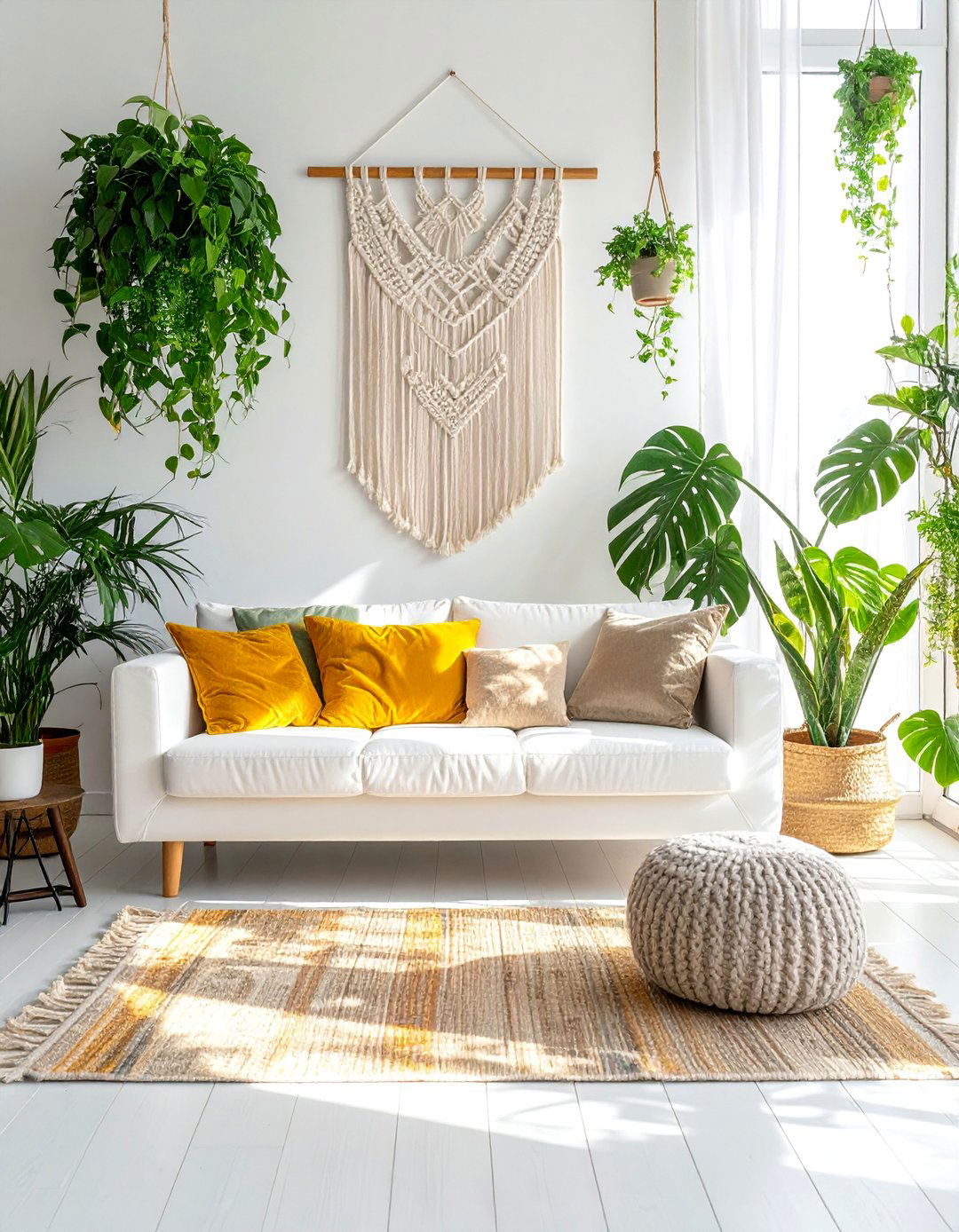 Bohemian White Couch Living Room with Macrame and Plants - 30 White Couch Living Room Ideas for a Bright Space