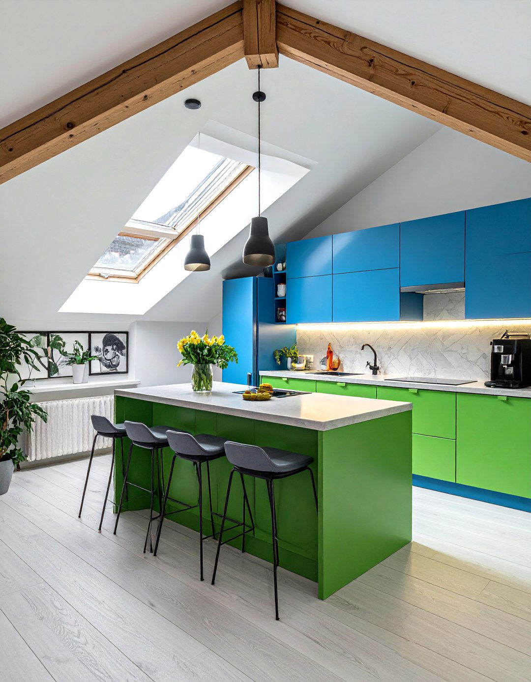 Bold Color Accent Kitchen - 20 Sloped Ceiling Kitchen Ideas to Maximize Space