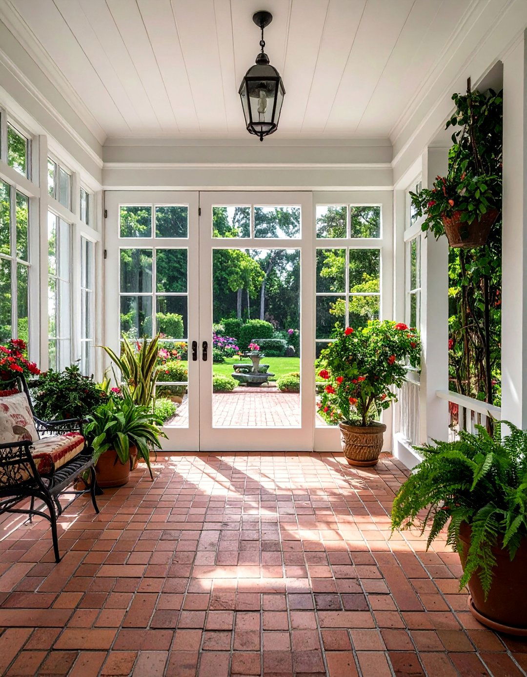 Brick Floor Sunroom with Elegant French Doors - 20 Brick Floor Sunroom Ideas for a Rustic Charm