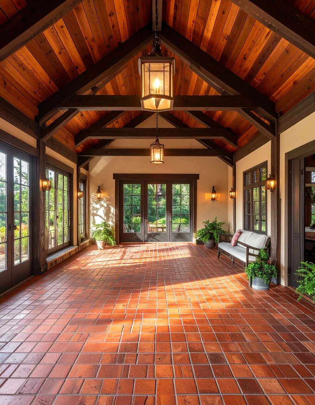 Brick Floor Sunroom with Exposed Wood Beams - 20 Brick Floor Sunroom Ideas for a Rustic Charm