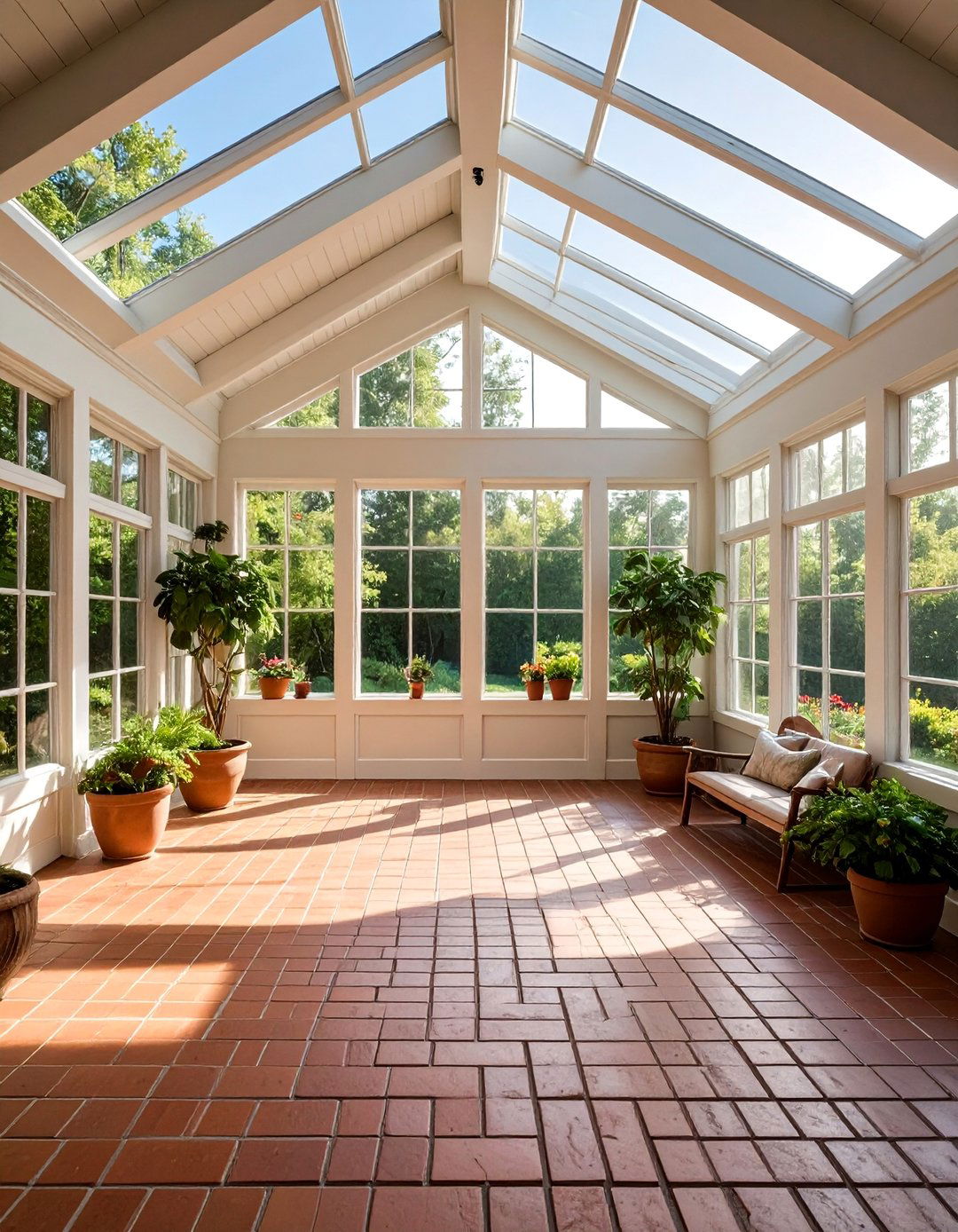 Brick Floor Sunroom with Large Skylights - 20 Brick Floor Sunroom Ideas for a Rustic Charm