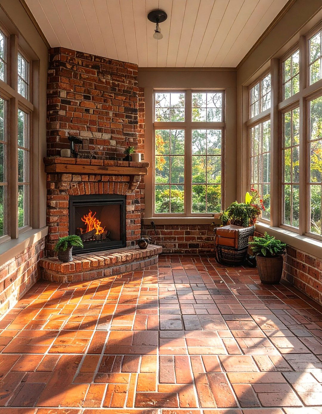 Brick Floor Sunroom with a Cozy Fireplace - 20 Brick Floor Sunroom Ideas for a Rustic Charm