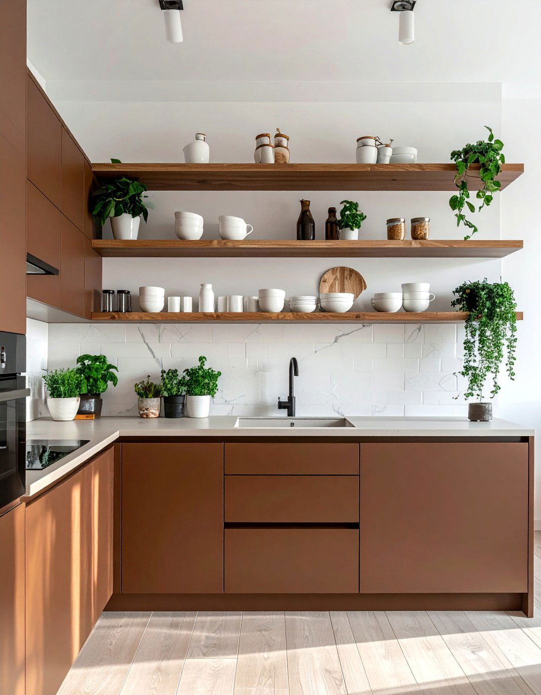 Brown Kitchen with Open Shelving - 20 Brown Kitchen Ideas for a Warm, Earthy Feel