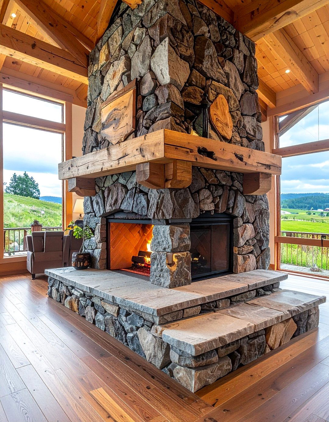 Cabin Style Oversized River Rock Fireplace - 30 Unique River Rock Fireplace Ideas for Cozy Homes