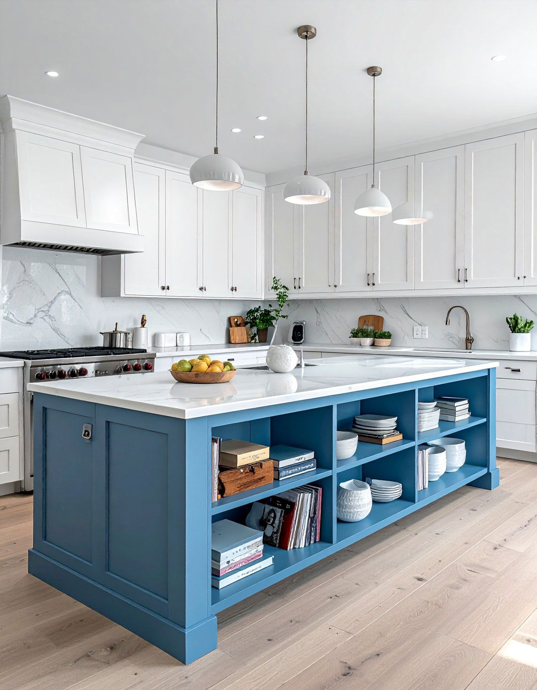 Cadet Blue Island with Open Shelving - 30 White Kitchen Cabinets With Blue Island Design Ideas