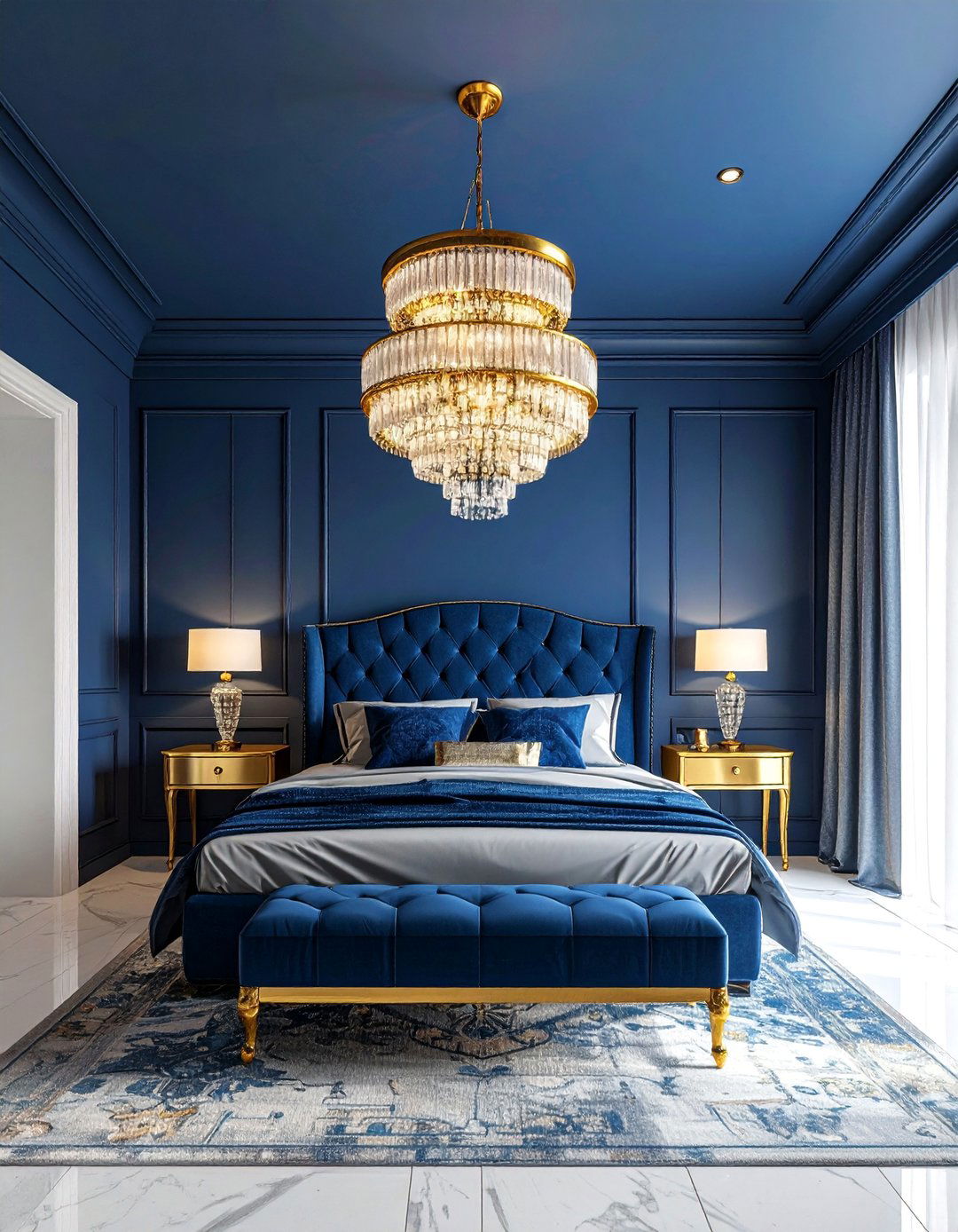 Ceiling Painted a Deep Blue with a Gold Chandelier - 20 Blue and Gold Bedroom Ideas for a Luxurious Look