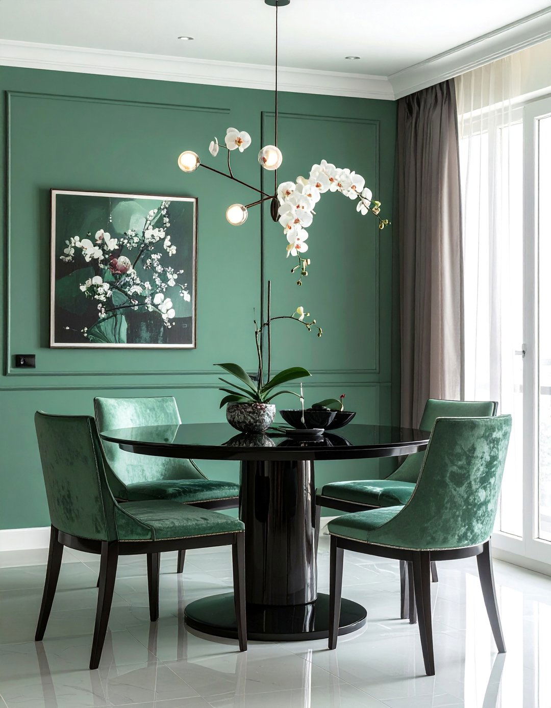 Celadon Green Dining Room with Asian Inspired Decor - 40 Green Dining Room Ideas for a Fresh Look