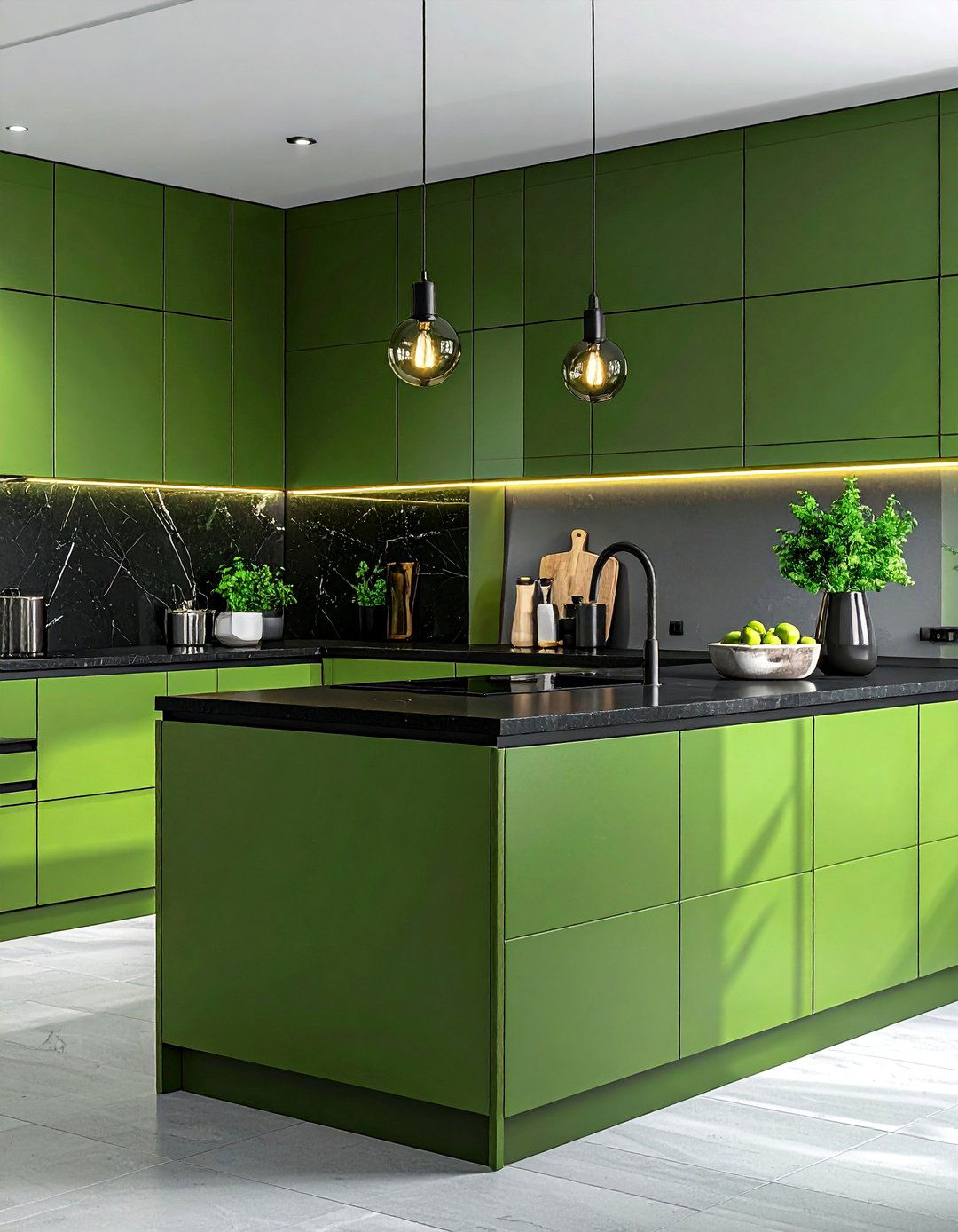 Celery Green Cabinets with a Thin Black Quartz Countertop - 20 Green Kitchen Cabinets With Black Countertops Ideas