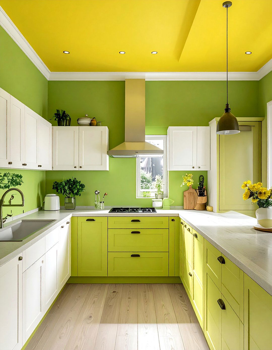 Celery Green Walls and a Yellow Painted Ceiling - 20 Green and Yellow Kitchen Ideas for a Fresh Look
