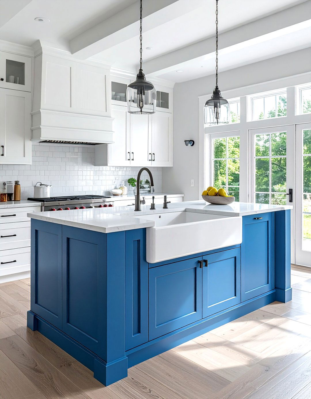Cerulean Blue Island with a Farmhouse Sink - 30 White Kitchen Cabinets With Blue Island Design Ideas