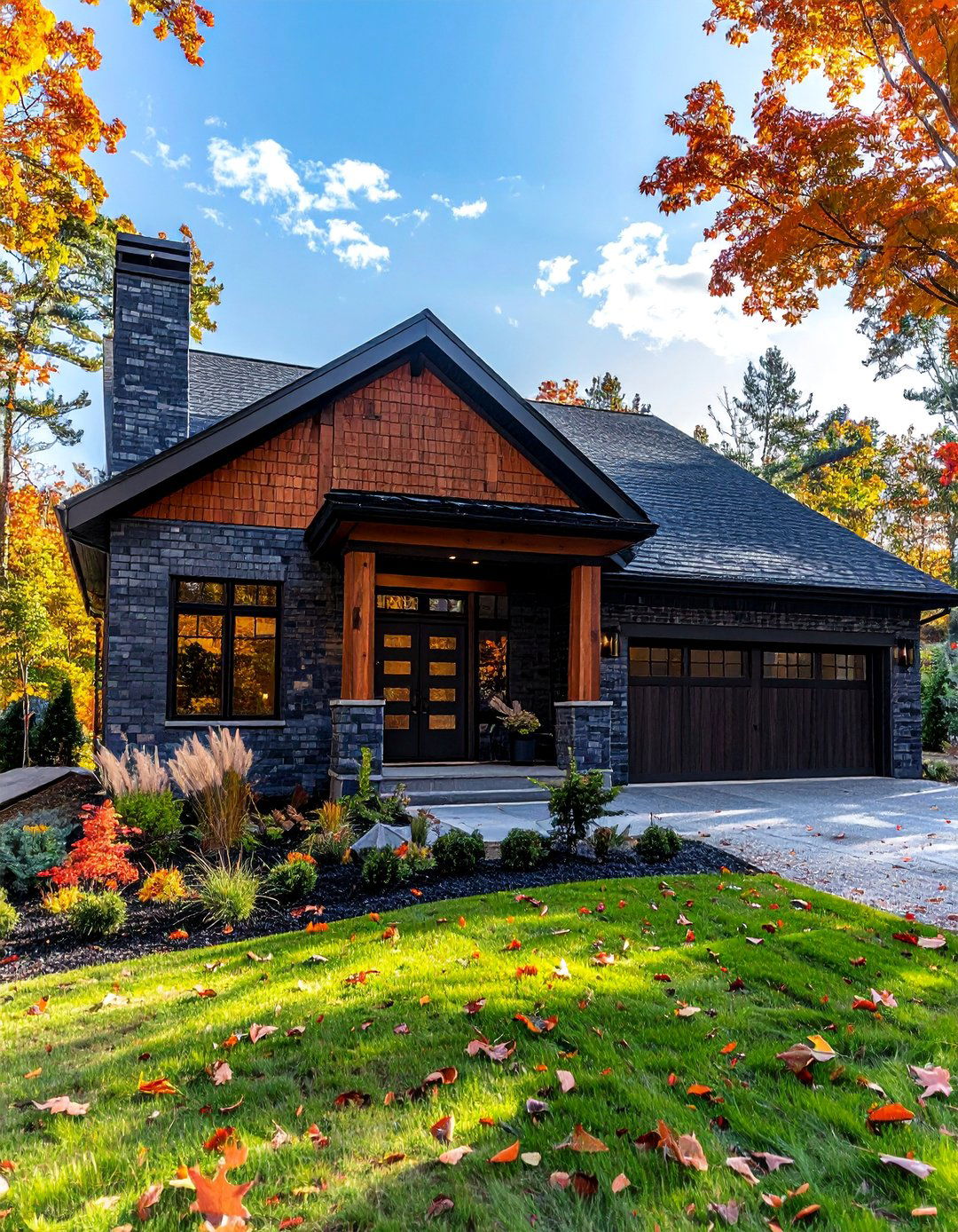 Charcoal Gray Brick Exterior with Wood Accents - 30 Gray Brick Exterior Home Ideas for Modern Elegance