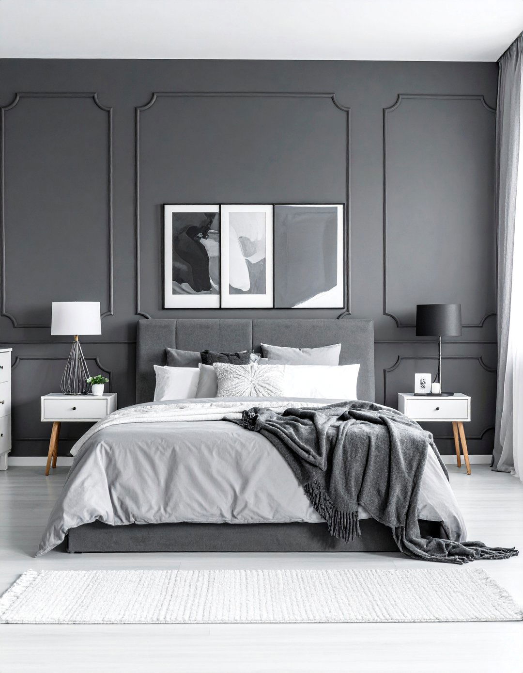 Charcoal Grey Accent Wall with White Furniture - 40 Grey and White Bedroom Ideas for a Serene Retreat