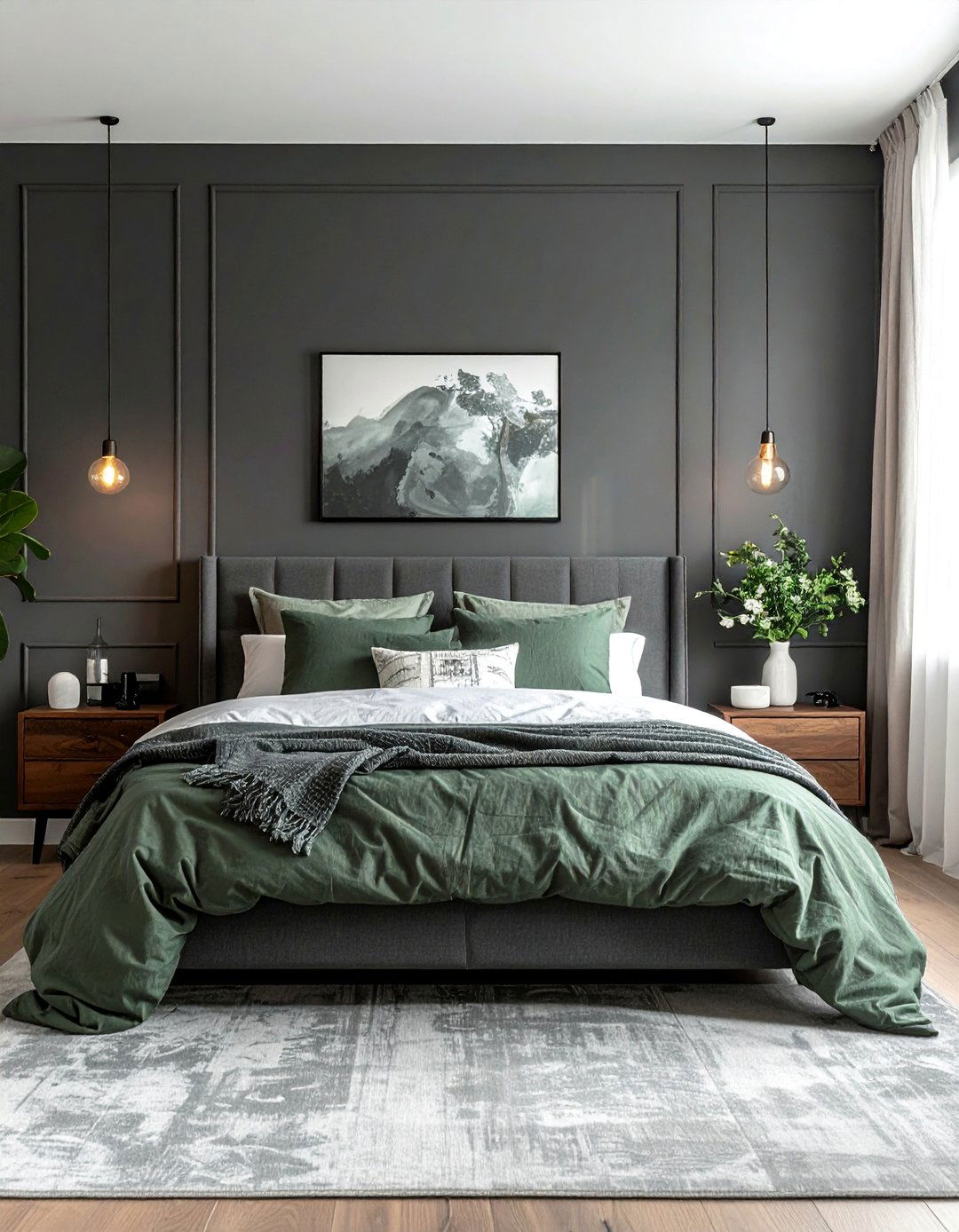 Charcoal Grey Walls with Sage Green Bedding - 25 Sage Green and Grey Bedroom Ideas for a Relaxing Retreat