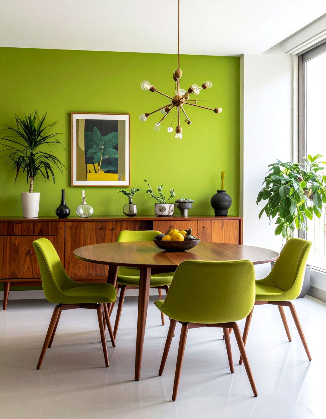 Chartreuse Green Dining Room with Mid Century Modern Furniture - 40 Green Dining Room Ideas for a Fresh Look