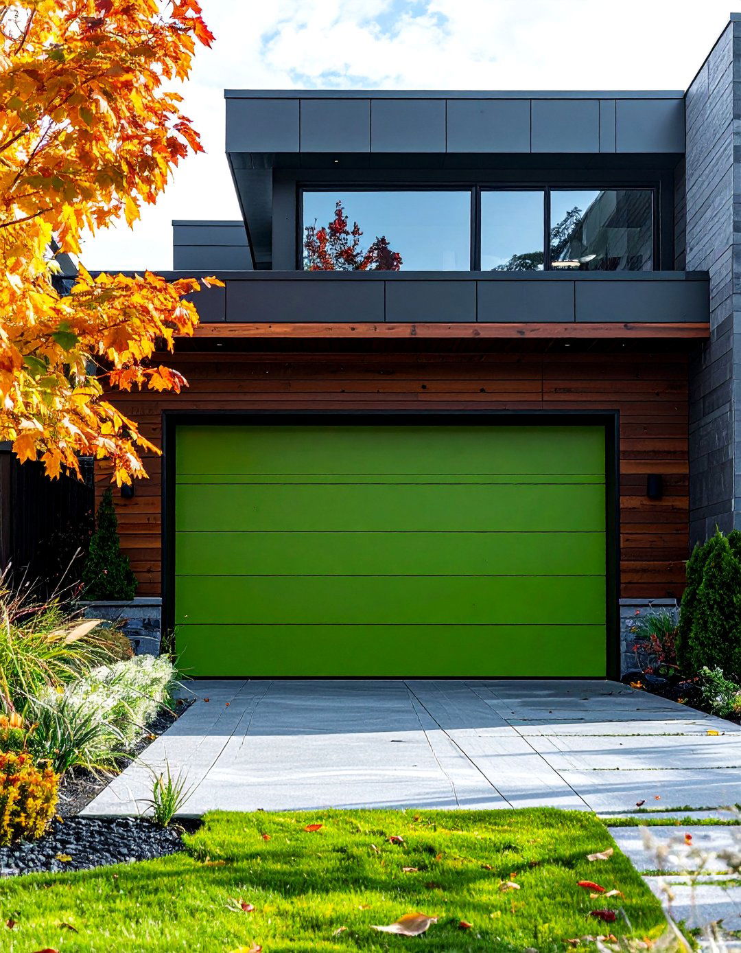 Chartreuse Green Garage Door on a Modern House - 20 Green Garage Door Ideas to Boost Curb Appeal