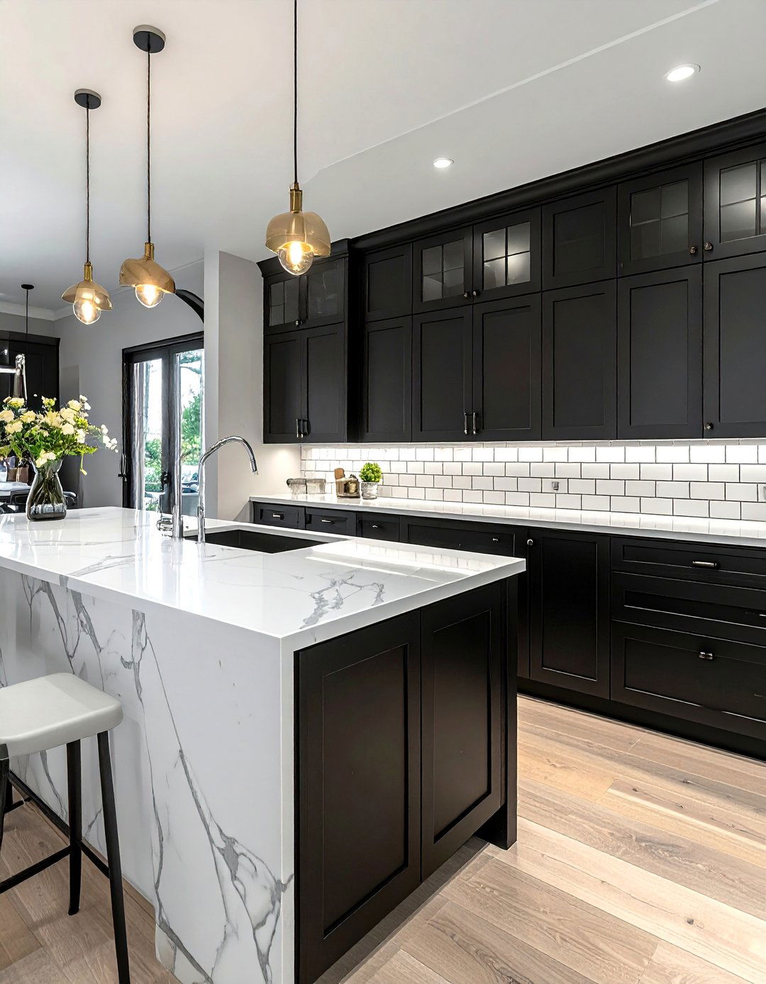 Classic Black Shaker Cabinets with White Carrara Marble Countertops - 15 Black Kitchen Cabinets With White Countertops Ideas