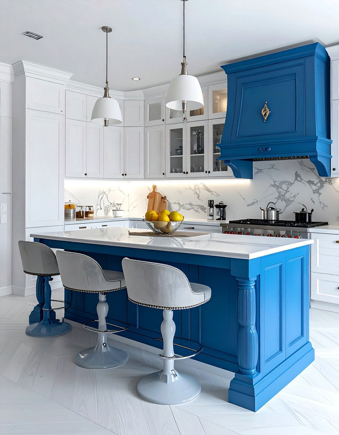 Classic Blue Island with a Pedestal Base - 30 White Kitchen Cabinets With Blue Island Design Ideas