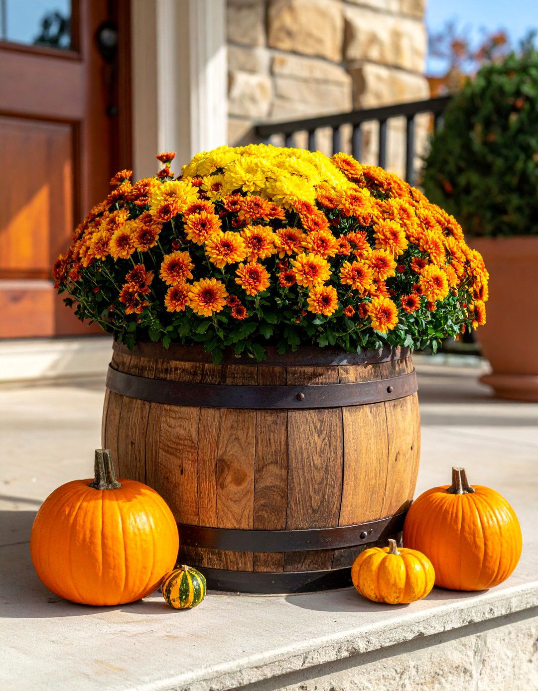 Classic Chrysanthemum and Pumpkin Fall Planter - 40 Fall Planter Ideas to Add Seasonal Charm