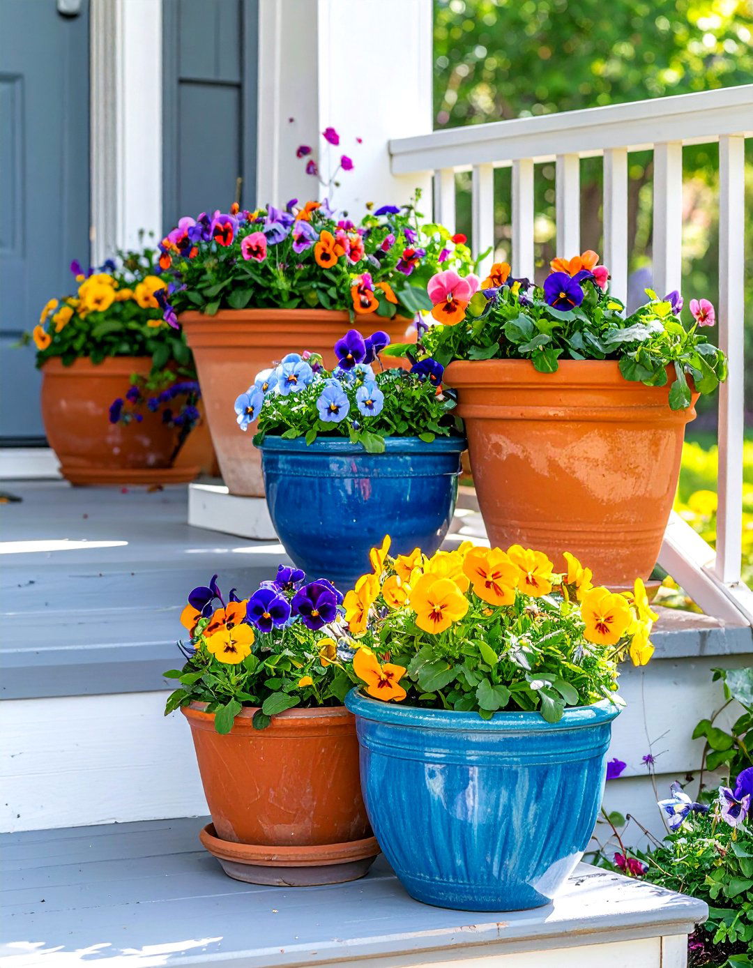 Clustered Container Gardens on Porch Steps - 40 Small Front Yard Landscaping Ideas to Boost Curb Appeal