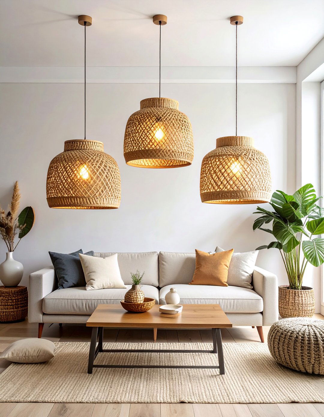 Clustered Pendant Lighting with Natural Shades - 30 Rustic Scandinavian Living Room Ideas for a Cozy Vibe